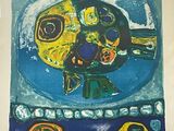 a painting of a fish on a plate on a table