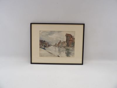 tableau représentant une vue sur une rivière, avec un pont et des bâtiments en arrière-plan