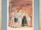 painting of a group of women standing in front of a building