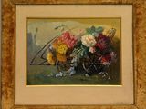 une peinture de fleurs dans un panier sur une table