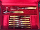 a red case holding a set of knives and a pair of scissors