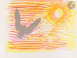 dessin représentant un oiseau volant dans le ciel, avec le soleil en arrière-plan