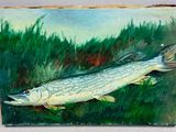 a painting of a fish that is on a piece of wood