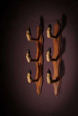 une paire d'étagères en bois ornées d'oiseaux, posées contre un mur violet