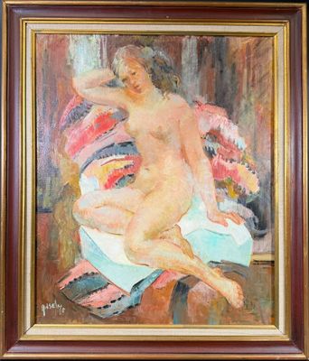 tableau représentant une femme nue assise sur un lit, recouverte d'une couverture colorée