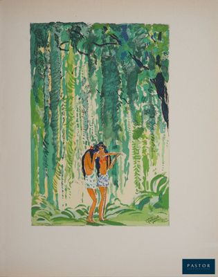 an image of a painting of a woman walking through a forest
