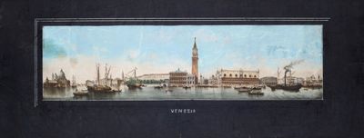 une photo d'un tableau représentant une ville au bord de l'eau
