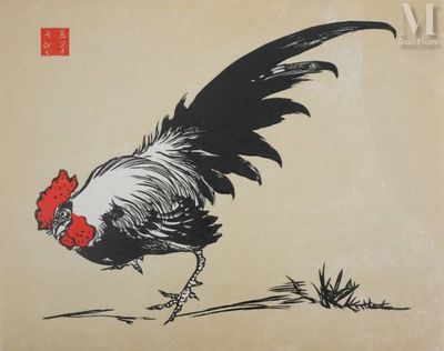 painting of a rooster with a red comb on it ' s head