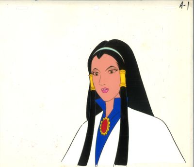 un dessin d'animation représentant une femme aux longs cheveux noirs, vêtue d'une robe bleue et blanche