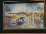 a painting of a boat in the water by the shore