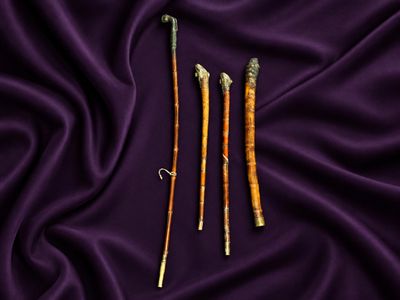 trois types différents de tiges de bambou posées sur un tissu violet
