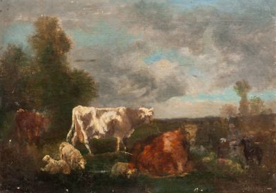 un tableau représentant des vaches dans un champ, avec le ciel en arrière-plan