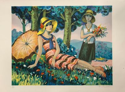 tableau représentant deux femmes assises dans l'herbe sous un parasol