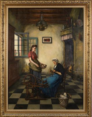 une peinture à l'huile représentant deux femmes dans une cuisine en compagnie d'un chien