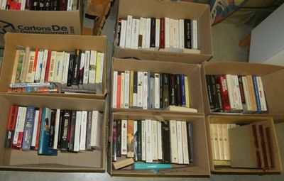 des boîtes de livres sont empilées dans une pièce
