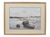 a picture of a painting of a boat on the beach