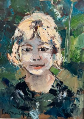 an oil painting of a woman with blonde hair and a black shirt