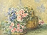 a painting of a basket of flowers on a table