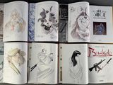 sketches of a book with a picture of a woman holding a gun and a gun
