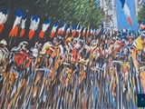 a painting of a group of cyclists riding down the street