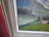 a picture of a painting of a mountain scene