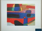 peinture abstraite représentant une voiture rouge avec des rayures bleues, jaunes et rouges