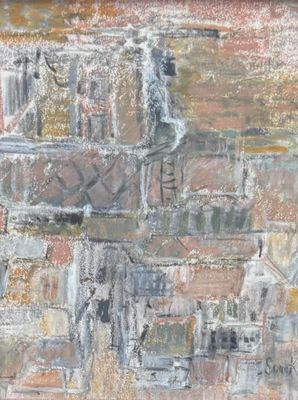 une peinture à l'huile représentant un mur de briques devant lequel se trouve une borne d'incendie