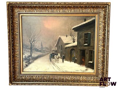 an image of a painting of a horse drawn carriage on a snowy street