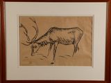 drawing of a deer eating grass in a frame on a table
