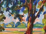a painting of a painting of a tree in a field