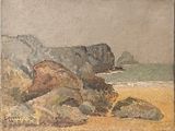 une image représentant une peinture de rochers sur une plage au bord de la mer