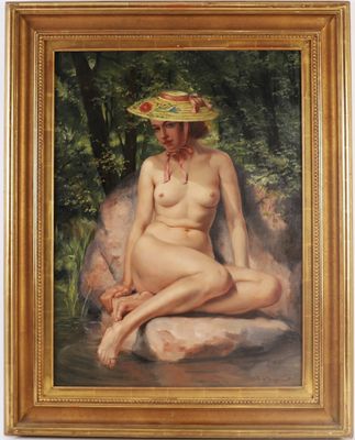 an oil painting of a nude woman in a hat sitting on a rock
