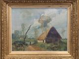 une peinture à l'huile représentant une scène de vie à la ferme avec un toit de chaume
