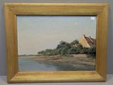 an image of a painting of a house by a body of water