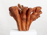 a wooden sculpture of a plant on a white pedestal