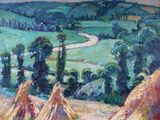 l'image d'une peinture représentant un champ avec une rivière au loin
