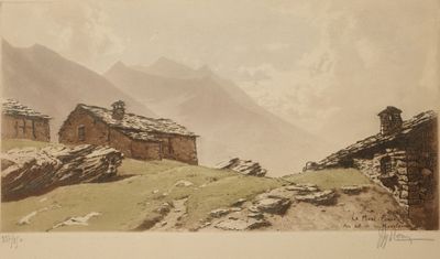 une image représentant une peinture d'un paysage de montagne avec une maison au premier plan