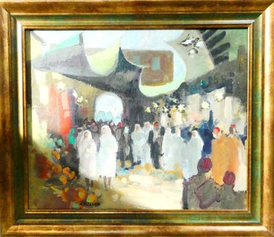 an oil painting of a crowd of people walking through a market
