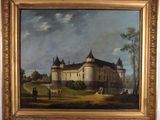 une peinture à l'huile représentant un château dans un champ, avec des passants qui passent à proximité