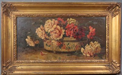 a painting of flowers in a vase on a table