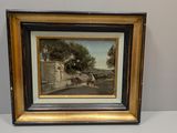 une peinture à l'huile d'une scène de rue avec une voiture à cheval