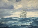 an oil painting of a ship in the middle of a large body of water