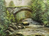un tableau représentant un pont enjambant un ruisseau dans les bois