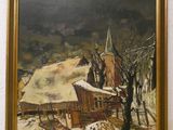 peinture d'un paysage enneigé avec une église en arrière-plan