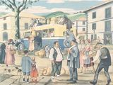 tableau représentant un groupe de personnes debout devant un bus