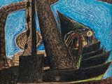 drawing of a boat with a monster on it in a harbor