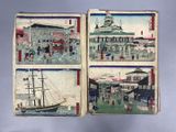 three old japanese paintings of boats and buildings on a blue background