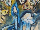 an image of a painting of a dog and fish in a vase