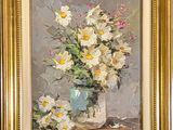a painting of flowers in a vase on a table