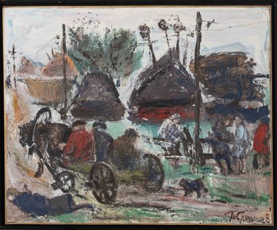 une peinture à l'huile représentant une calèche tirée par des chevaux dans une rue